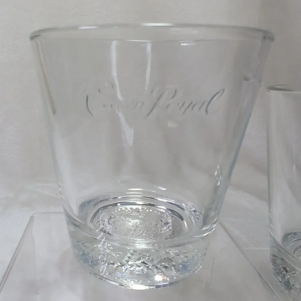 Crown Royal Whiskey Drinking Glass Set of 2 Embossed Logo Round Rocks Lowball